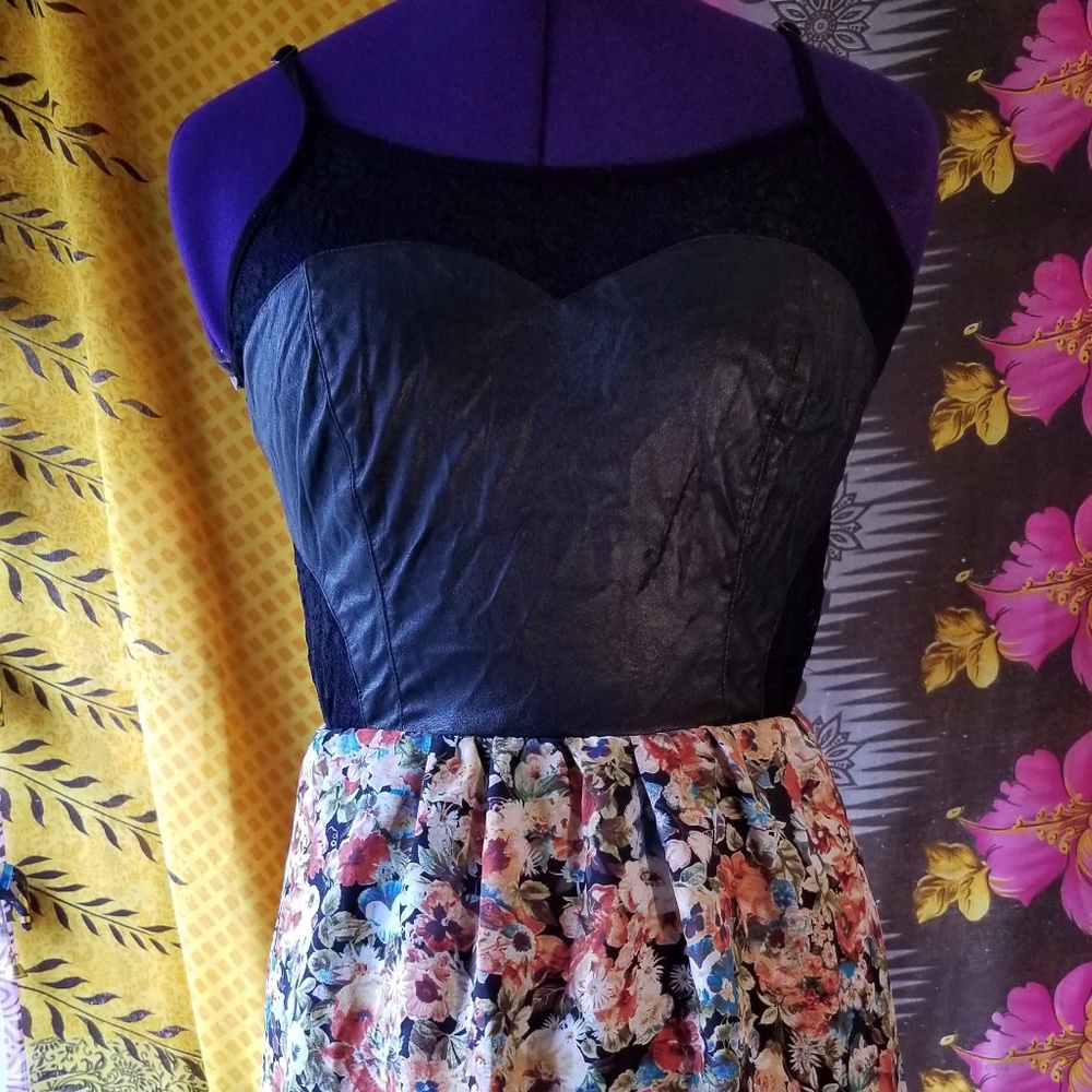 High Low Faux Leather and Floral Dress